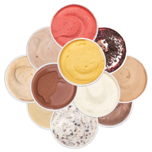 Probierpaket mit gemischten Eissorten: Vanille, Schokolade, Cookies, Pistazie, Haselnuss, Schwarzwaldmädel, Stracciatella, Erdnuss-Karamell mit Schokolade, Bueno, Mango-Maracuja und Erdbeer.