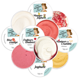 Sommer-Eispaket mit verschiedenen Eissorten, darunter Vanille, Schokolade, Cookies, Pistazie, Haselnuss, Schwarzwaldmädel, Stracciatella, Erdnuss-Karamell mit Schokolade, Bueno, Mango-Maracuja und Erdbeer.