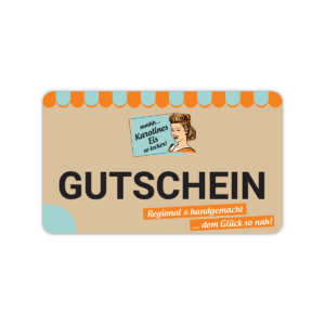 Gutscheinkarte Karolines Eis mit dem Logo und dem Wort “Gutschein” als Aufschrift.